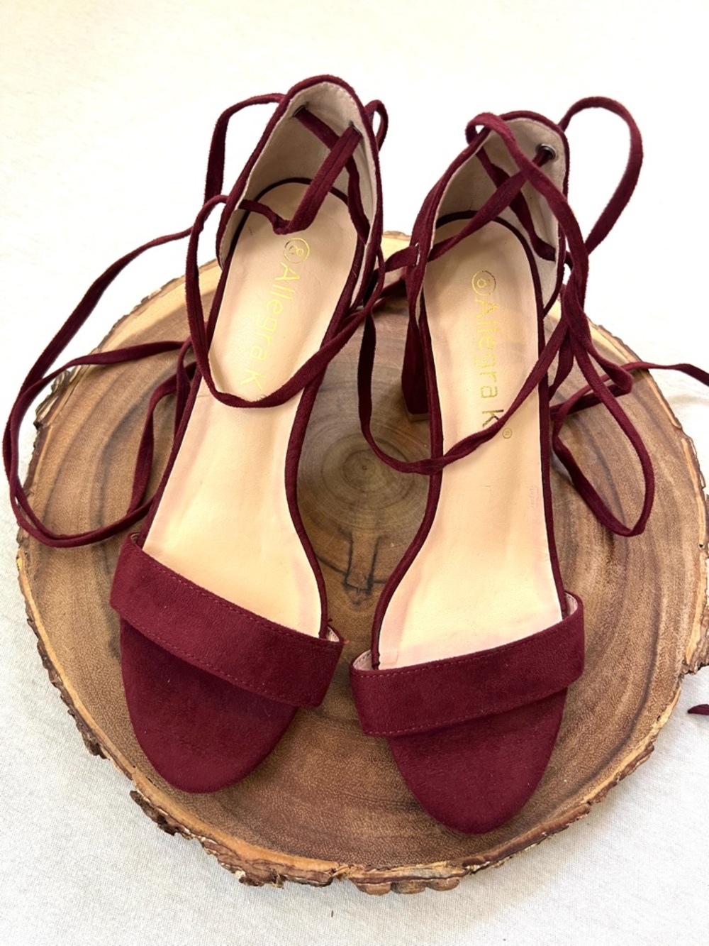 Feminine Luxury Formal Allegra K Burgundy Lace-Up Block Heel Sandals